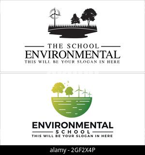 Ambientale con pianta di erba albero foglia pinwheel uccello logo design Illustrazione Vettoriale