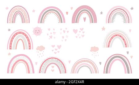 Rainbow cute Vector pastello set su sfondo bianco poster stampabile per bambini. Illustrazione Vettoriale