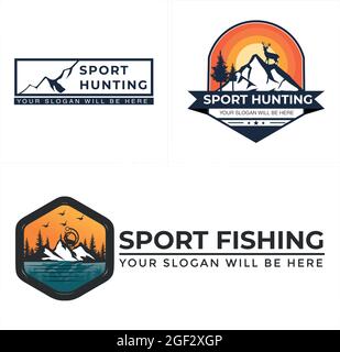 Pesca sportiva barca caccia viaggio escursioni esplorare logo design Illustrazione Vettoriale