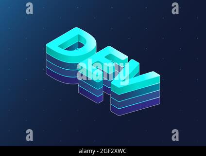 Dev testo vettoriale isometrico 3d. Lettere isometriche blu su sfondo blu scuro come esempio per lo sviluppo di software. Illustrazione Vettoriale