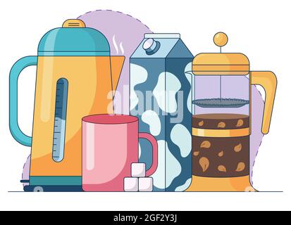 Cartoon astratto illustrazione di fare tè alle erbe, con zucchero, latte e french-press con foglie di tè. Illustrazione vettoriale in stile piatto. Illustrazione Vettoriale