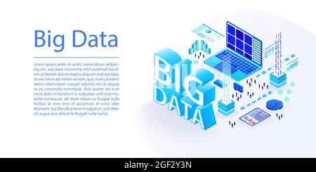 Concetto di big data come illustrazione vettoriale 3D isometrica. Ampio layout del banner del sito Web per il notebook e l'elaborazione dei dati. Illustrazione Vettoriale