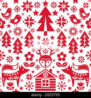 Scandinavian Christmas folk art seamless vettore pattern wtih renna, uccelli, fiocchi di neve e fiori, decorazione festiva nordica Illustrazione Vettoriale