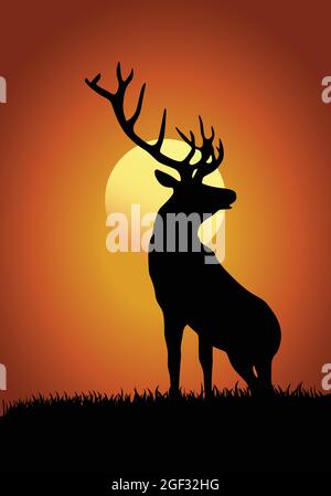 Cervi o addio a corna enormi con sfondo luminoso al tramonto. Enorme Bull Elk Stag con corna trofeo in silhouette natura. Vettore di caccia Elk. Illustrazione Vettoriale