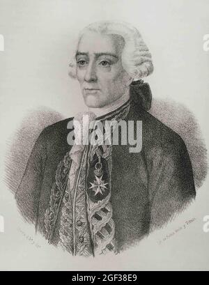 Jorge Juan y Santacilia (1713-1773). Ufficiale navale spagnolo e scienziato. Ritratto, 19 ° secolo. Illustrazione di Llanta. Litografia. Cronica Generale Foto Stock
