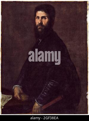 Tiziano, Tiziano Vecellio, Man Holding a Flute, ritratto dipinto, 1560-1565 Foto Stock