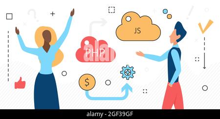 Archiviazione online su cloud di dati, icone di linguaggio di persone e computer isolate in bianco Illustrazione Vettoriale