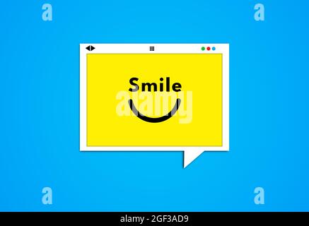 Yellow Speech Bubble Web site Screen Design con faccia Smiley. Smile Word scritto sul touchscreen con il simbolo emoji felice. Idea creativa di concetto di CUSto Foto Stock
