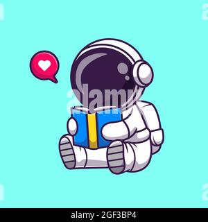 Carino astronauta lettura Libro Cartoon Vector icona Illustrazione. Science Education Icon Concept Isolated Premium Vector. Stile Cartoon piatto Foto Stock