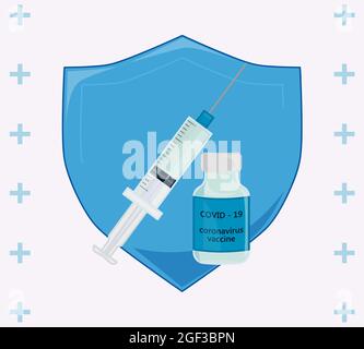 Illustrazione piatta della vaccinazione. Vaccino antivirale della siringa e della fiala contro la covid e altre malattie virali. Foto Stock