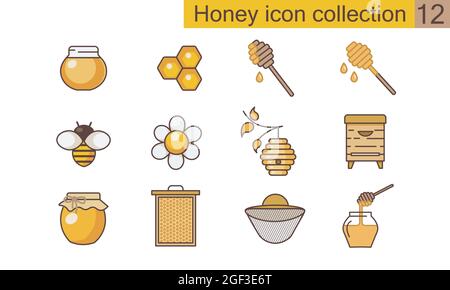 Miele piatto icona set. Raccolta di simboli di alta qualità per il web design, app mobile. Icone o logo a linea sottile vettore miele. Illustrazione Vettoriale