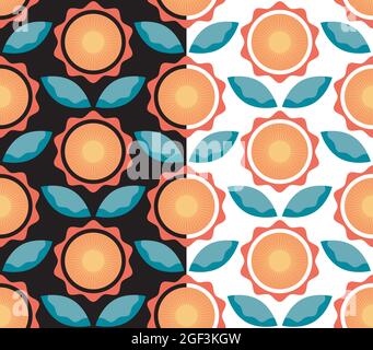 moda retrò anni '70, motivo geometrico floreale senza cuciture. Fiore luminoso, composizione delle forme delle foglie in arancione, tavolozza blu. Bianco e nero facile da modificare Illustrazione Vettoriale