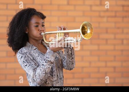 Ritratto di una giovane afroamericana che suona la tromba fuori su un muro di mattoni sfondo Foto Stock