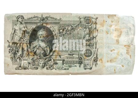 Banconota da 100 rubli, Russia, valuta cartacea edizione 1910, Ritratto di Caterina II, schiacciato Foto Stock