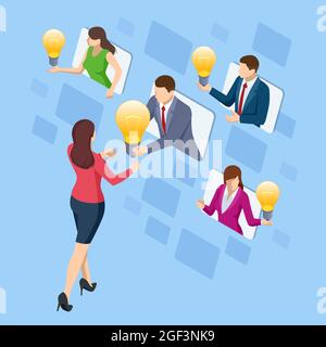 Lampadina isometrica come idea metafora. Concetto di brainstorming. Idea e concetto di business per il lavoro di squadra. Illustrazione Vettoriale