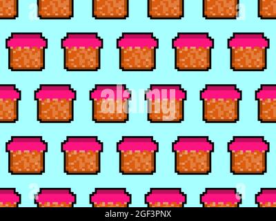 Jar of Jam motivo senza giunture in stile pixel art. Barattolo di marmellata a 8 bit in stile retrò 2D. Disegno per la stampa, la carta da imballaggio e la pubblicità. Illust vettoriale Illustrazione Vettoriale