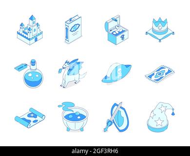 Magica avventura - linea moderna design icone stile set. Mondo di fantasia creato da un bambino immaginazione. Avventure, sogni, pirati, castelli, regno, k Illustrazione Vettoriale