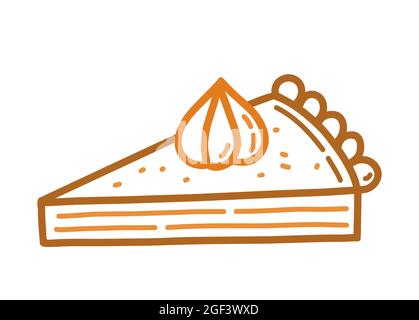 Un pezzo di torta di zucca con panna montata in stile doodle. Illustrazione vettoriale disegnata a mano isolata su sfondo bianco. Perfetto per carte, logo, menu, disegni autunnali e natalizi, decorazioni. Illustrazione Vettoriale
