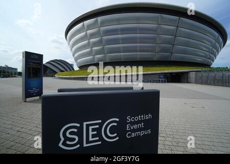 Una visione generale della SSE Hydro e della SEC Armadillo sul Campus Scottish Event a Glasgow, che sarà uno dei luoghi della Conferenza delle parti sul cambiamento climatico delle Nazioni Unite, nota anche come COP26. Data foto: Lunedì 23 agosto 2021. Foto Stock
