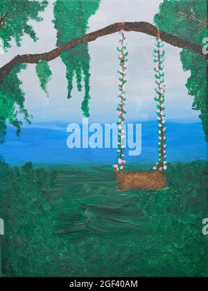 foto di una pittura acrilica su tela con un'altalena appesa su un albero Foto Stock