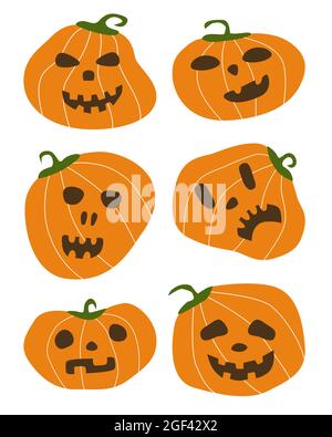 Set di semplici forme zucche di colore Halloween. Stile piatto paura cicosa zucche arancioni con occhi scuri e illustrazione vettoriale della bocca Illustrazione Vettoriale