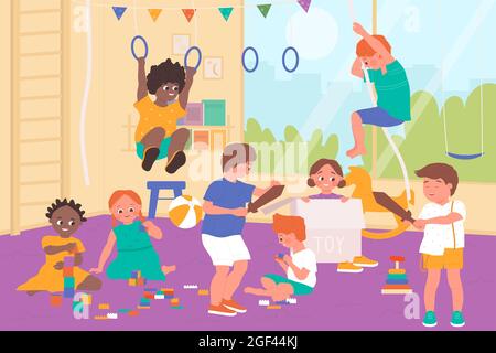 I bambini giocano con i giocattoli nella sala giochi per bambini illustrazione vettoriale. Cartoon Happy ragazzino ragazza bambini personaggi giocare giochi al coperto, bambini prescolare hanno divertimento insieme in sfondo interno stanza dei bambini Illustrazione Vettoriale