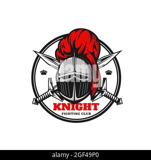 Icona del cavaliere medievale, emblema vettoriale con casco guerriero e spade incrociate. Paladino reale araldico con visiera chiusa e piumaggio rosso, soldato antico Illustrazione Vettoriale