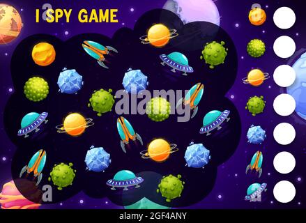 Bambini Io spy gioco con navi spaziali e pianeti. Riddle vettoriale con astronavi e oggetti ufo. I bambini provano quanti razzi e piattini alieni, Illustrazione Vettoriale