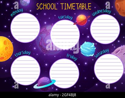 Calendario spaziale con stelle e pianeti galassici. Modello di pianificazione vettoriale, tabella dei tempi della scuola cartoon con oggetti cosmici nell'Universo. Istruzione ragazzi wee Illustrazione Vettoriale