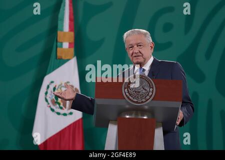 Città del Messico 23 ago, 2021 il presidente del Messico Andres Manuel Lopez Obrador nella sua conferenza stampa mattutina conosciuta come 'las mañaneras' al Nat Foto Stock