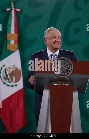 Città del Messico 23 ago, 2021 il presidente del Messico Andres Manuel Lopez Obrador nella sua conferenza stampa mattutina conosciuta come 'las mañaneras' al Nat Foto Stock