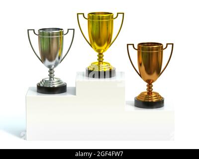 Trofei d'oro, d'argento e di bronzo sul podio campione, primo, secondo e terzo premio in 3d Foto Stock