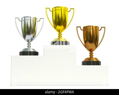 Trofei d'oro, d'argento e di bronzo sul podio campione, primo, secondo e terzo premio in 3d Foto Stock
