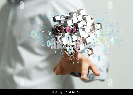 Rendering 3D di grafica a reticolo poligonale creativa - intelligenza artificiale, cloud, concetto tecnologico Foto Stock