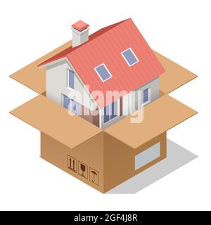 Casa isometrica avvolto in carta marrone e corda isolato su sfondo bianco. Spostamento con le scatole in una nuova casa. Casa in movimento. Mercato immobiliare. Illustrazione Vettoriale