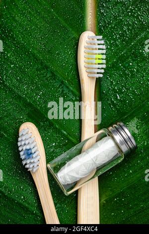 Spazzolini da denti in legno e filo interdentale biodegradabile giacente su foglia verde Foto Stock