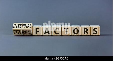 Simbolo fattori esterni o interni. I cubi di legno girati e le parole hanno cambiato i fattori esterni ai fattori interni. Bellissimo sfondo grigio, spazio di copia Foto Stock