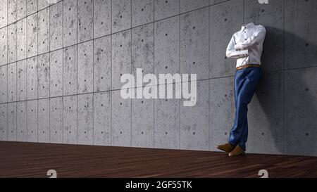 Rappresentazione tridimensionale di una persona invisibile appoggiata a una parete di cemento Foto Stock