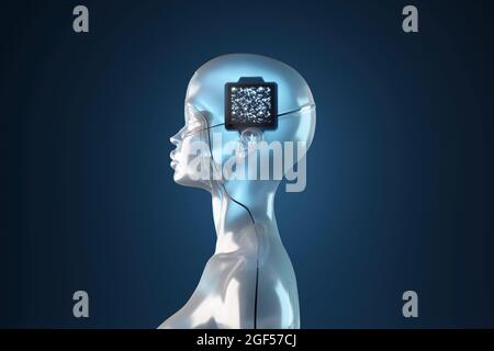 Rappresentazione tridimensionale di gynoide con chip di computer all'interno della sua testa Foto Stock