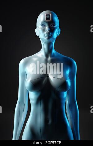 Rappresentazione tridimensionale di gynoide con chip di computer all'interno della sua testa Foto Stock