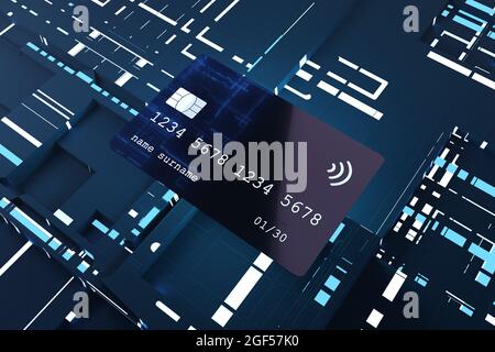 Rappresentazione tridimensionale della carta di credito su sfondo elettronico Foto Stock