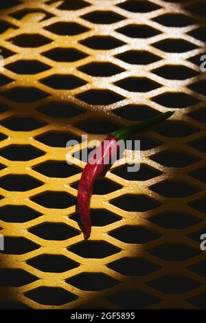 Foto dall'alto di peperoncini thailandesi su un tavolo giallo. Foto Stock