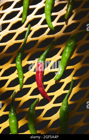 Foto dall'alto di peperoncini thailandesi su un tavolo giallo. Foto Stock