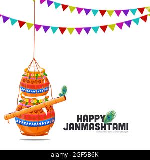 Illustrazione degli sfondi del banner di celebrazione, poster di carte per Lord Krishna in Happy Janmashtami festival dell'India, Shri Krishan Janmashtami Illustrazione Vettoriale