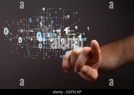 Uomo che tocca l'icona 3D virtuale del cyberspazio digitale con linee e punti astratti Foto Stock