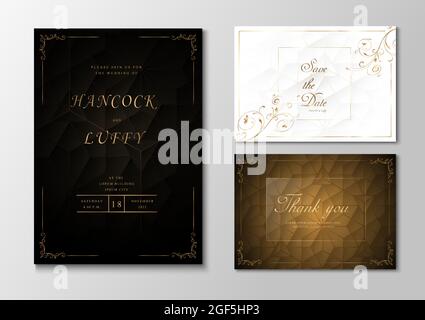 Modello di carta di invito per matrimoni di lusso nero, bianco e oro sfondo elegante con design geometrico. Illustrazione vettoriale.Eps10 Illustrazione Vettoriale