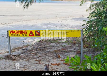 Cartello segnaletico sulla spiaggia nel Queensland settentrionale Foto Stock