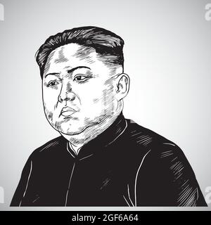 Kim Jong-un ritratto disegno a mano disegno disegno vettore. Agosto 24, 2021 Illustrazione Vettoriale