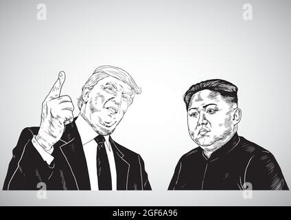 Donald Trump e Kim Jong-un. Illustrazione del disegno verticale vettoriale. Agosto 24, 2021 Illustrazione Vettoriale