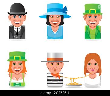 Icone persone mondo avatar (inglese, irlandese, italiano) Illustrazione Vettoriale
